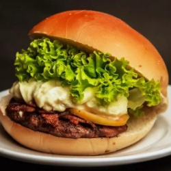 PAO DE HAMBURGUER - HAMBURGUER BOVINO 100G - MUSSARELA - PRESUNTO - OVO - BACON - TOMATE - ALFACE