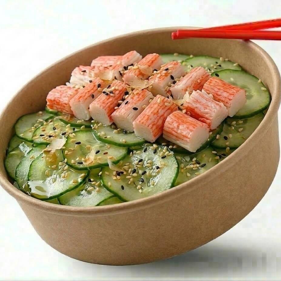 Arroz japonês, sunomono (pepino japonês agridoce) com gergelim e pedaços de kani. Emabalgem de 300ml