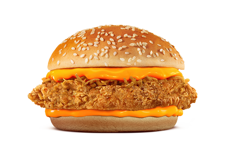 2 tiras de frango, molho de queijo e cebola crispy.