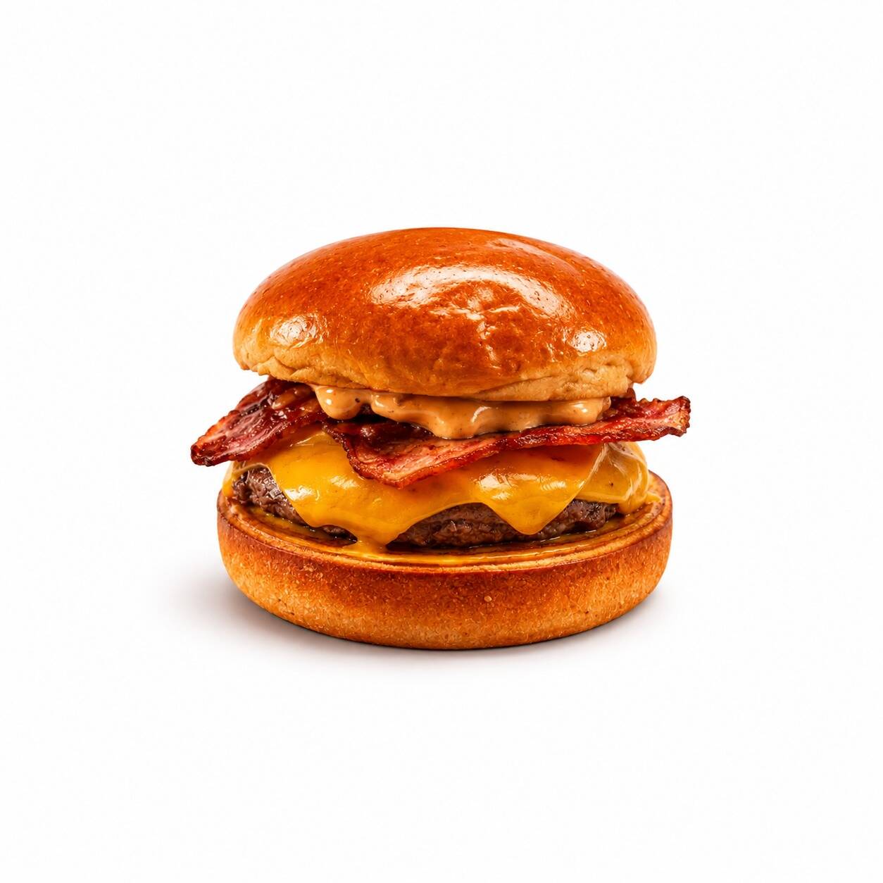 Pão brioche, cheddar ,bacon e molho do chef.