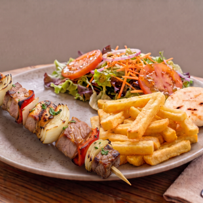 Brocheta de cerdo + papas + Te helado