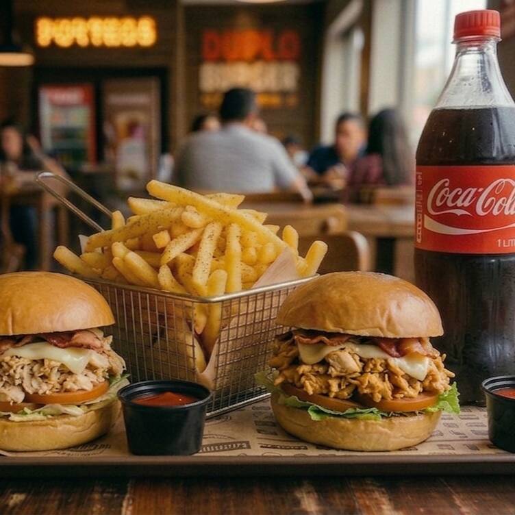 2 X frango bacon salada + 1 batata frita de 500g + 1 refrigerante de 1L (Coca ou guaraná antarctica dependendo da disponibilidade do dia)