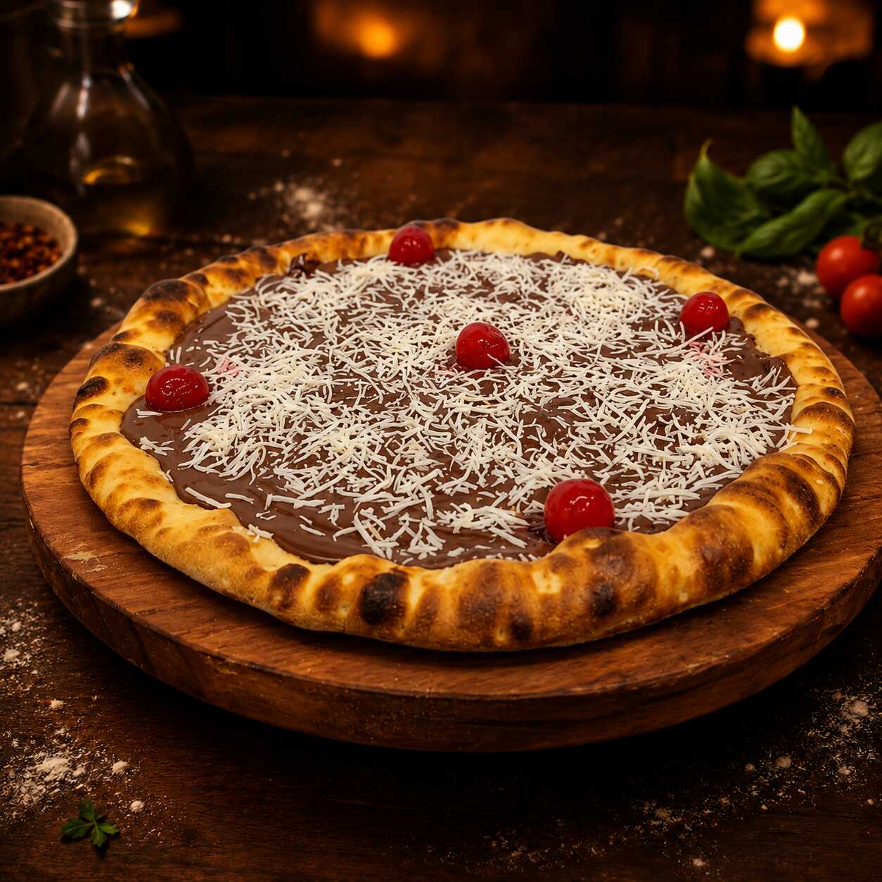 Massa artesanal da casa, chocolate ao leite derretido, coco ralado e cerejas, criando uma combinação cremosa, aromática e bastante convidativa.