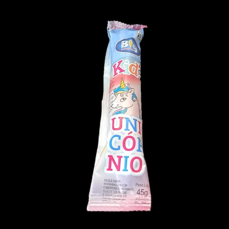 O Sorvete Unicórnio da Big Sorvetes é uma sobremesa colorida e divertida, sabor Marshmallow com cobertura de Morango, Flocos coloridos e Calda Blue Ice.