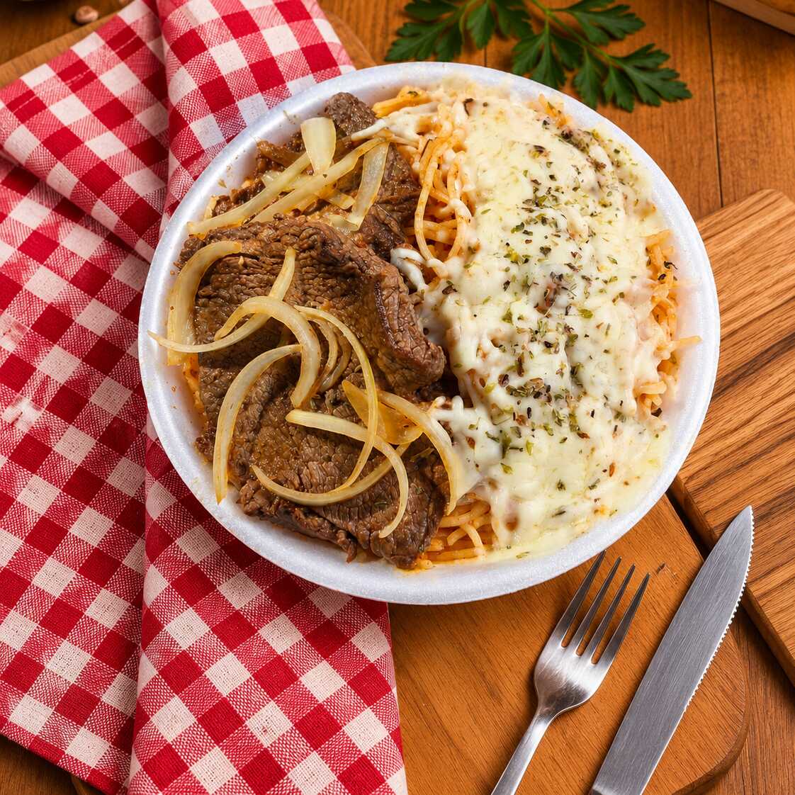 Marmita com delicioso Bife Acebolado macio e suculento, acompanhado macarrão molho vermelho e queijo (Marmita Indicada Para 01 Pessoa)