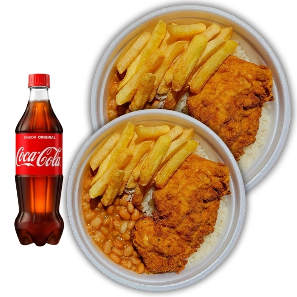 Filé grelhado em dobro, suculento no ponto certo, arroz soltinho, feijão caseiro, fritas douradas e Coca-Cola 600ml pra completar!
