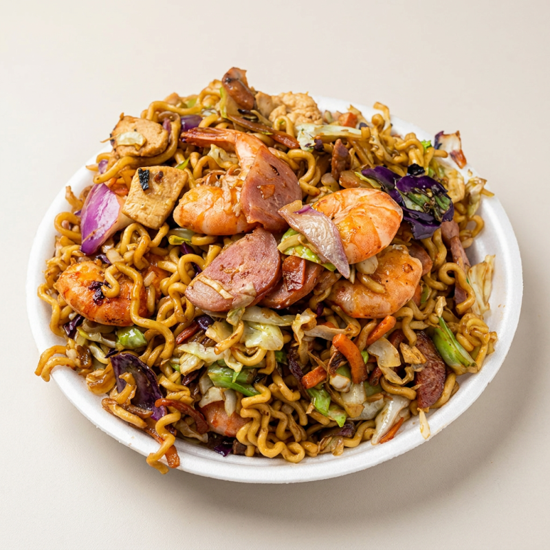 Delicioso Yakisoba de Camarão caprichado + Legumes (Repolho, cenoura e cebola) + shoyu