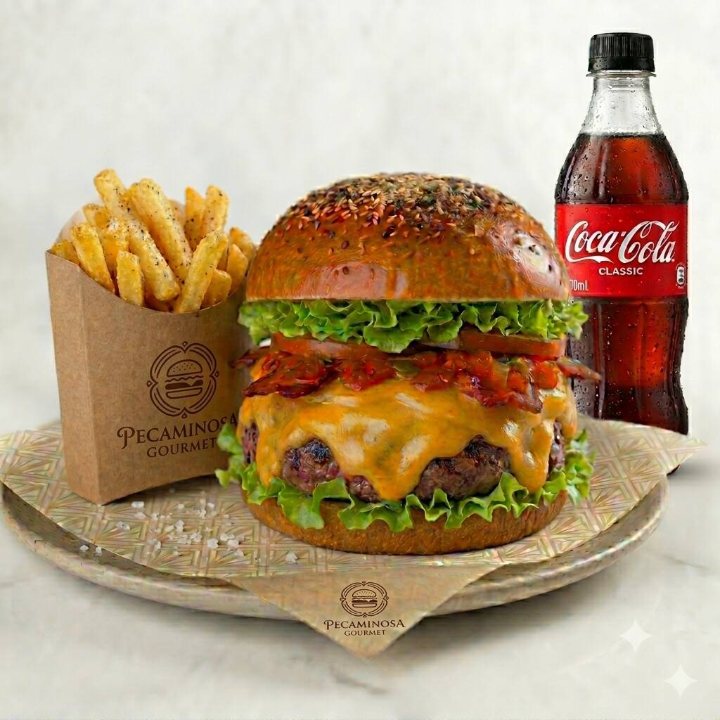 Hamburguesa Tradicional Papas y Gaseosa.