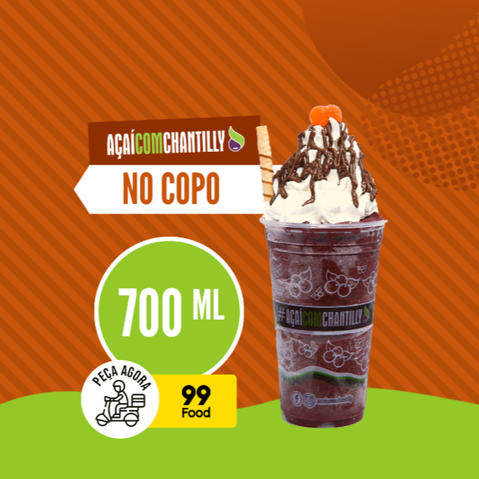 Seu açaí orgânico, batido com frutas de verdade, sem química, uma experiência incrível, montado no copo de 700ml com vários opções de doces e coberturas, e para fechar você pode escolher entre nosso delicioso chantilly artesanal ou nosso espetacular creme de tapioca !