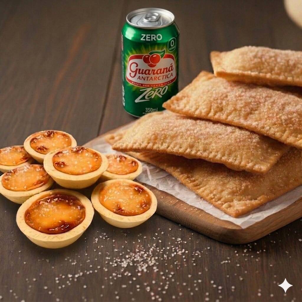 1 empada doce de leite + 1 refrigerante 10 cavaco com canela e açúcar