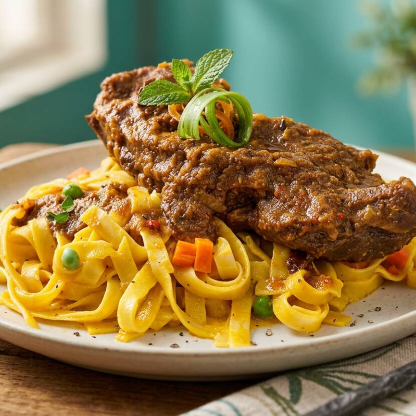 Fetuccini a la Huancaína con Cordero