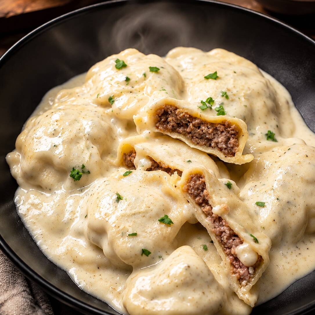 Sorrentinos de carne cremosos con salsa Alfredo 🧀