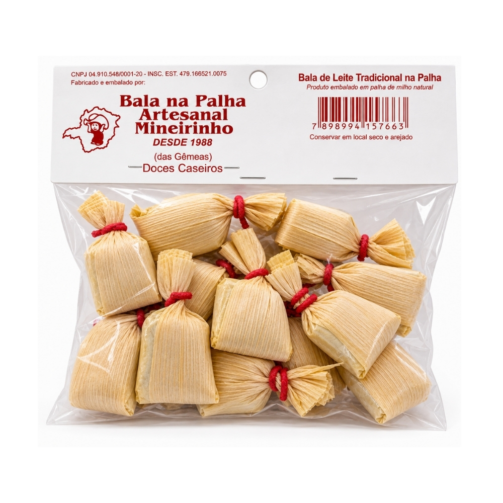 Embalagem de 130g. A Bala na Palha Artesanal Mineirinho, é uma bala deliciosa de leite que derrete na boca, além de gostosa é linda de se vê. Embrulhada manualmente com palha de milho natural.(Alérgicos: contém leite, contém lactose)
