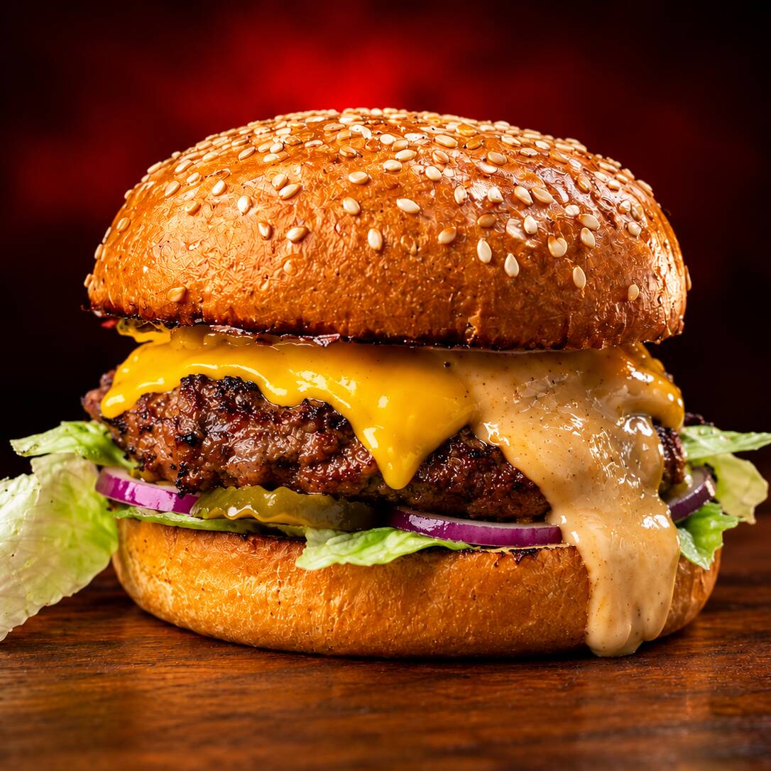 Hamburguer artesanal de 160gr, alface, queijo, molho especial, cebola, picles, pão com gergelim.