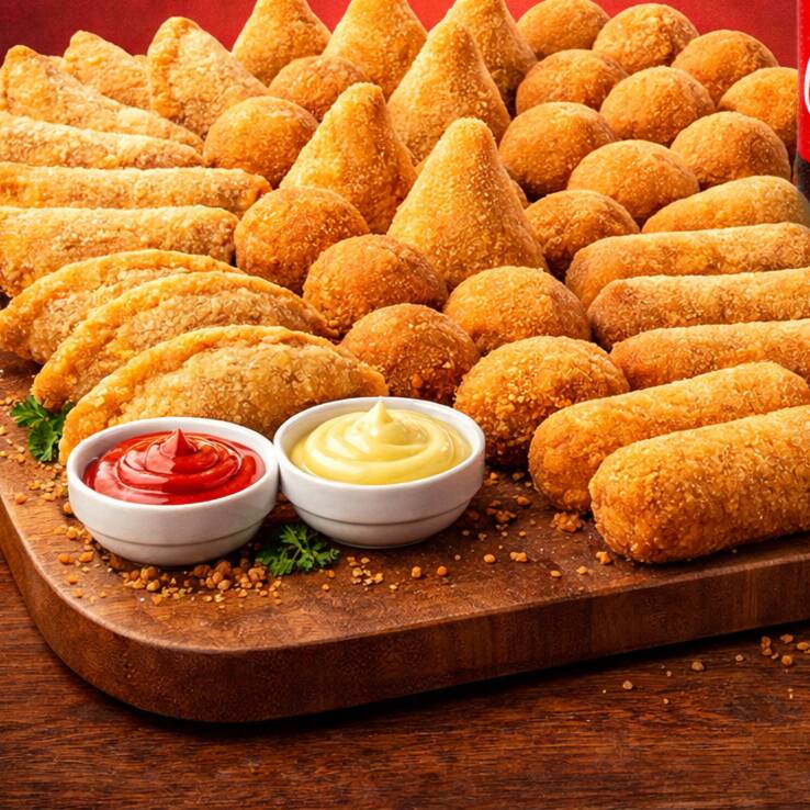 40 mini salgados fritos (20g) + refrigerante 2l