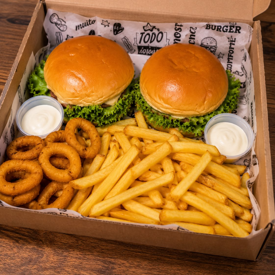 2 Hamburguer Artesanal Comum + 300g batata frita + 15 anel de cebola + refrigerante 600ml