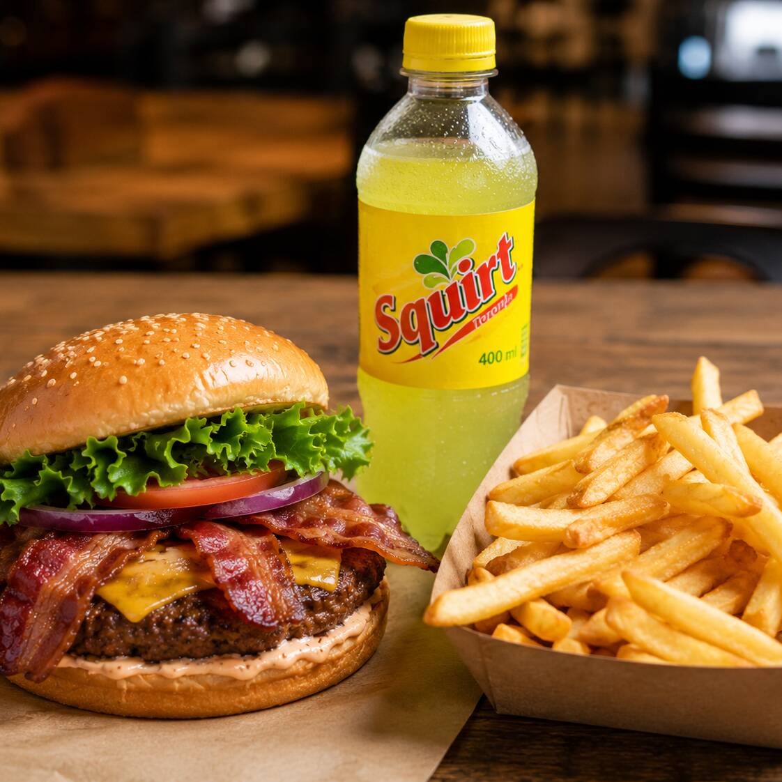 Hamburguesa con Tocino , Papas y Refresco