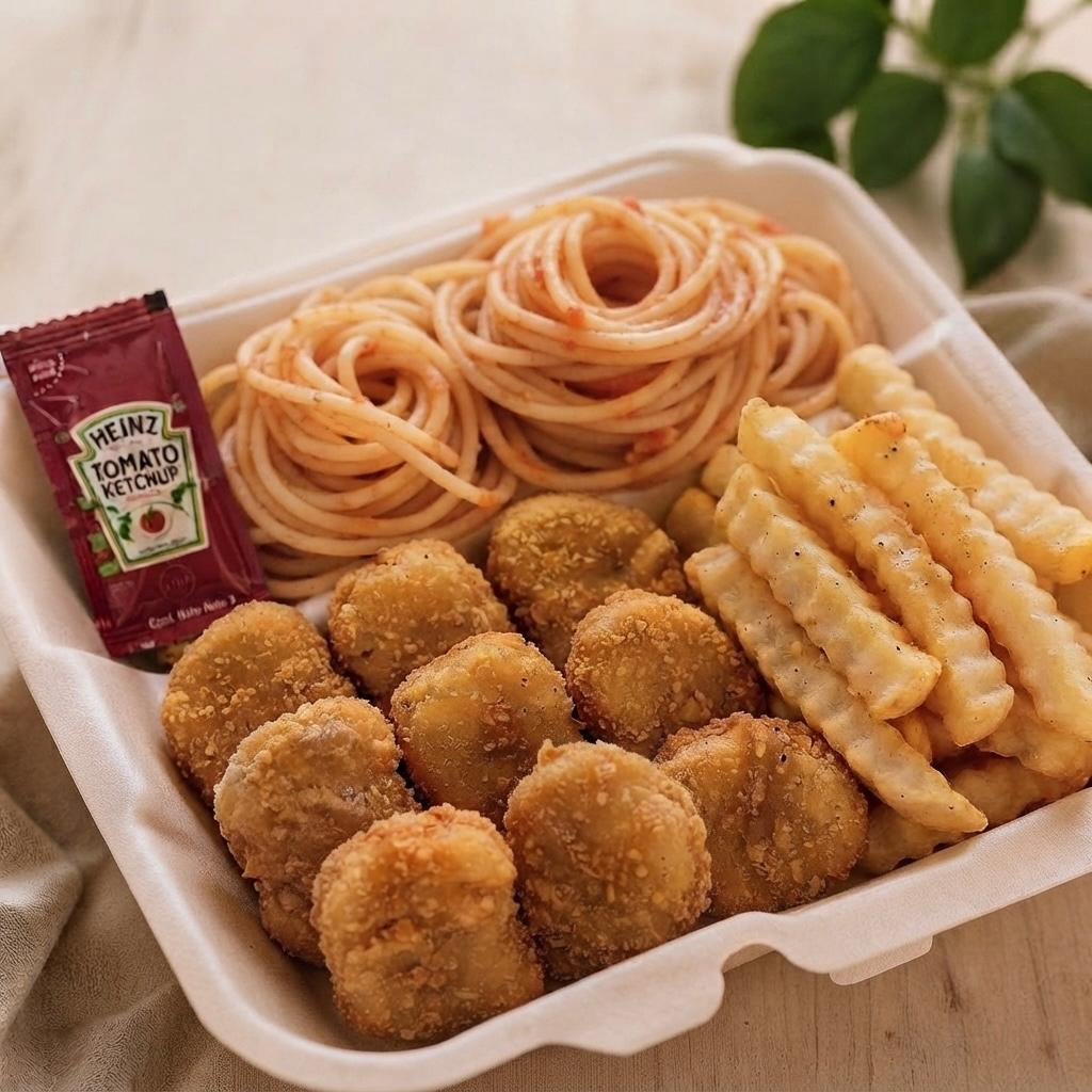 Nuggets de pollo 9 pza con espagueti y papas
