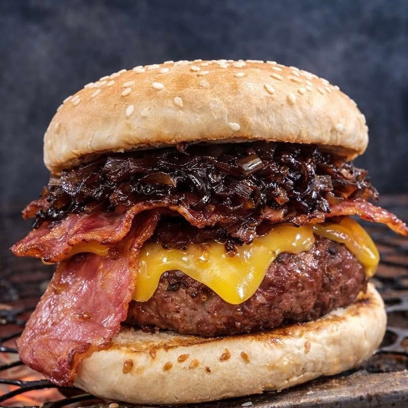 Pão macio, carne 130g na brasa, queijo derretido, bacon crocante e cebola caramelizada