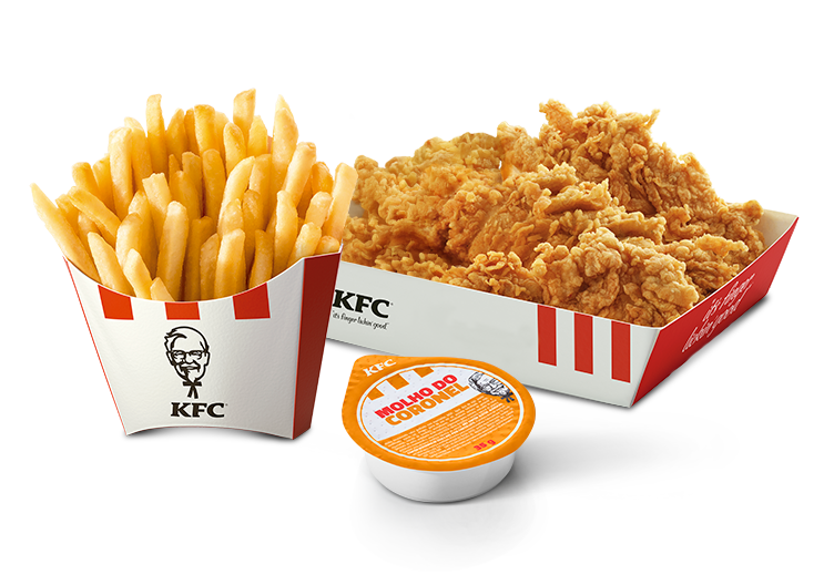 Deu aquela vontade de frango no meio do dia? Vem com o Balde Médio (5 Tiras) + 1 Molho do KFC + 1 Batata Grande!