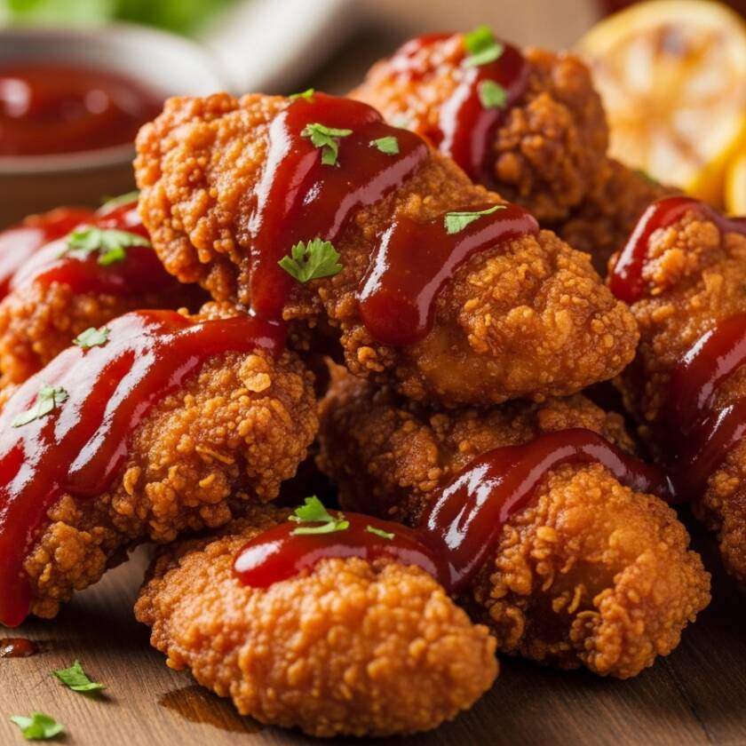 Tenders de pollo bañados en salsa + papas