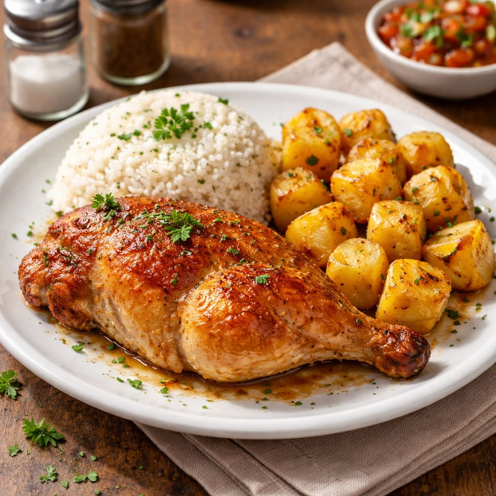 Meio frango, batata, farofa e arroz