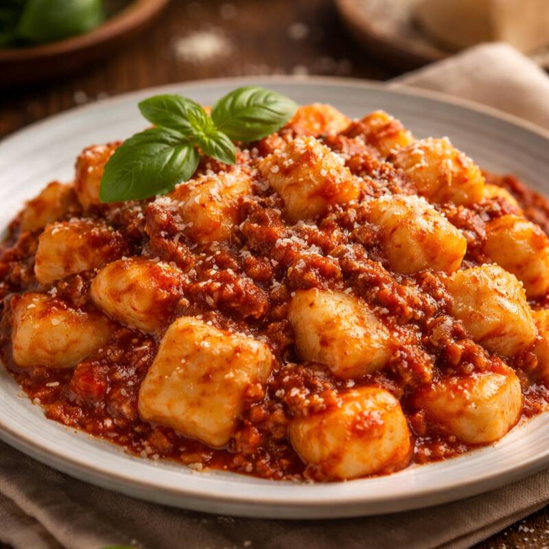 Massa saborosa de nhoque com molho a bolonhesa