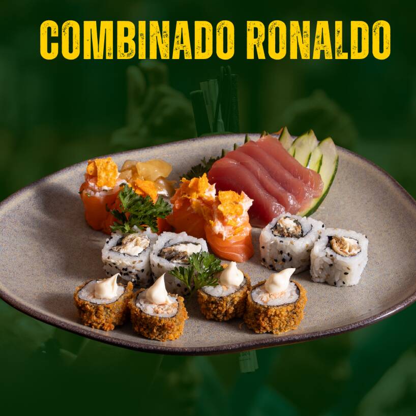 4 sashimis de filé de saint peter, 4 hossomakis de salmão, 4 uramakis de salmão com cheese, 4 hot rolls com alho poró crispy