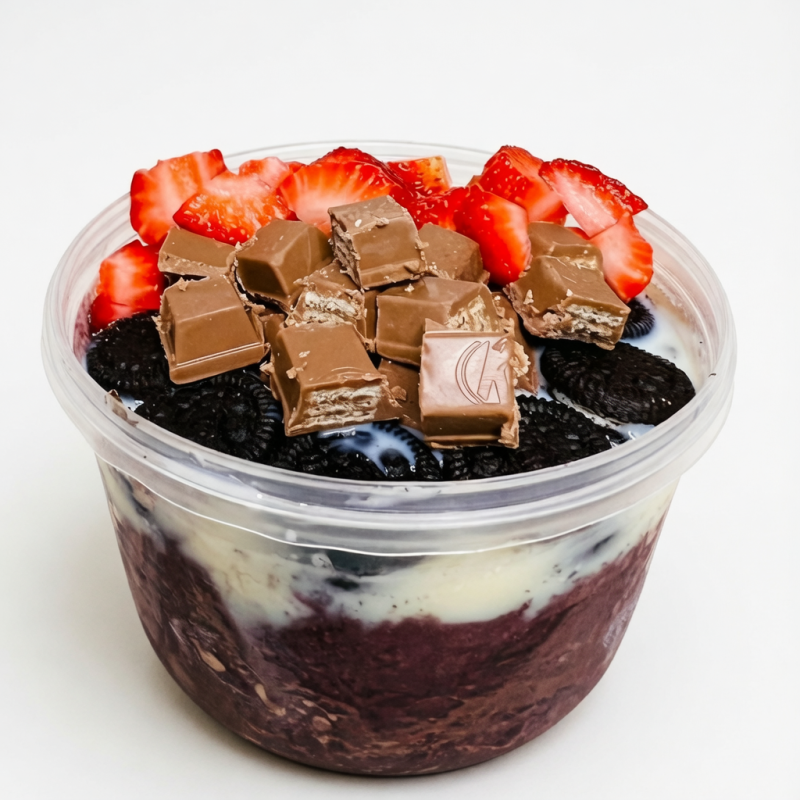 Açaí de Aproximadamente *500 ml* : (Leite Condensado , Morango, Kit Kat e Oreo) . Observação : Os 500ml Já é Juntamente com Todos Os Acompanhamentos .