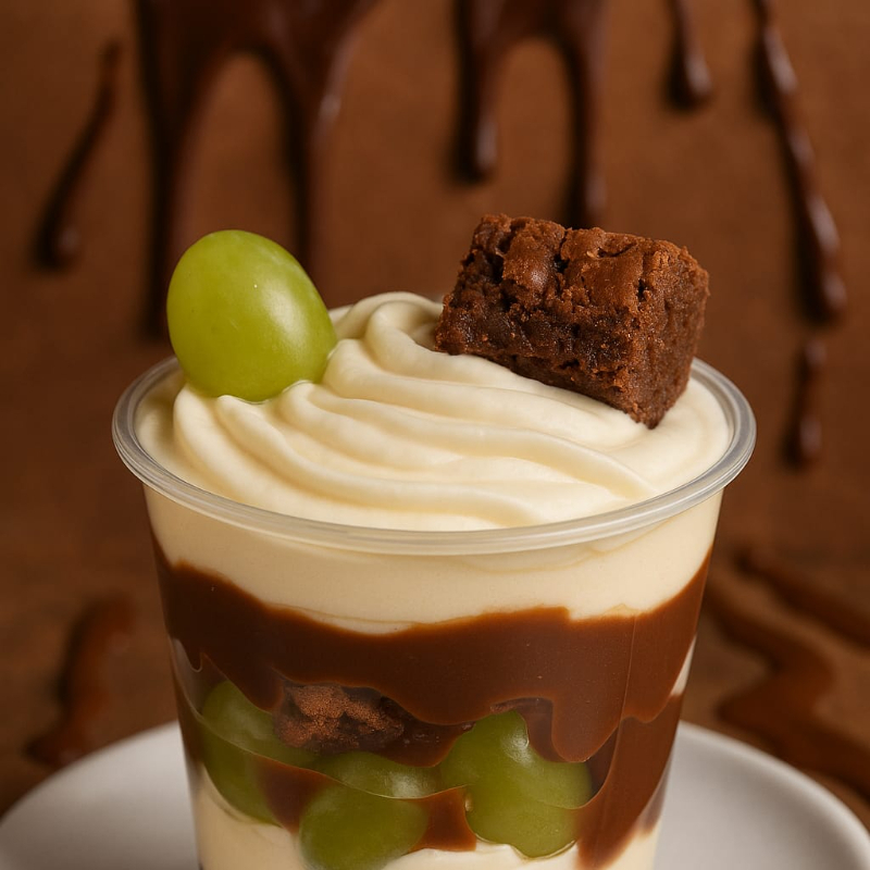 Camadas deliciosas de brownie macio , creme de leite Ninho e mousse de chocolate , combinadas com um recheio de uva que traz um toque refrescante. Finalizado com mais creme de Ninho e pedaços de brownie . Uma mistura perfeita de sabores que vai conquistar seu paladar!