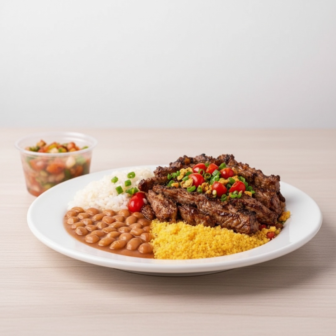 Suculenta tiras de fraldinha grelhado no ponto certo, acompanhadas de arroz soltinho, feijão caseiro, farofa crocante e saladinha de vinagrete. Finalizada com cebolinha e um toque de pimenta biquinho. Uma explosão de sabor!
