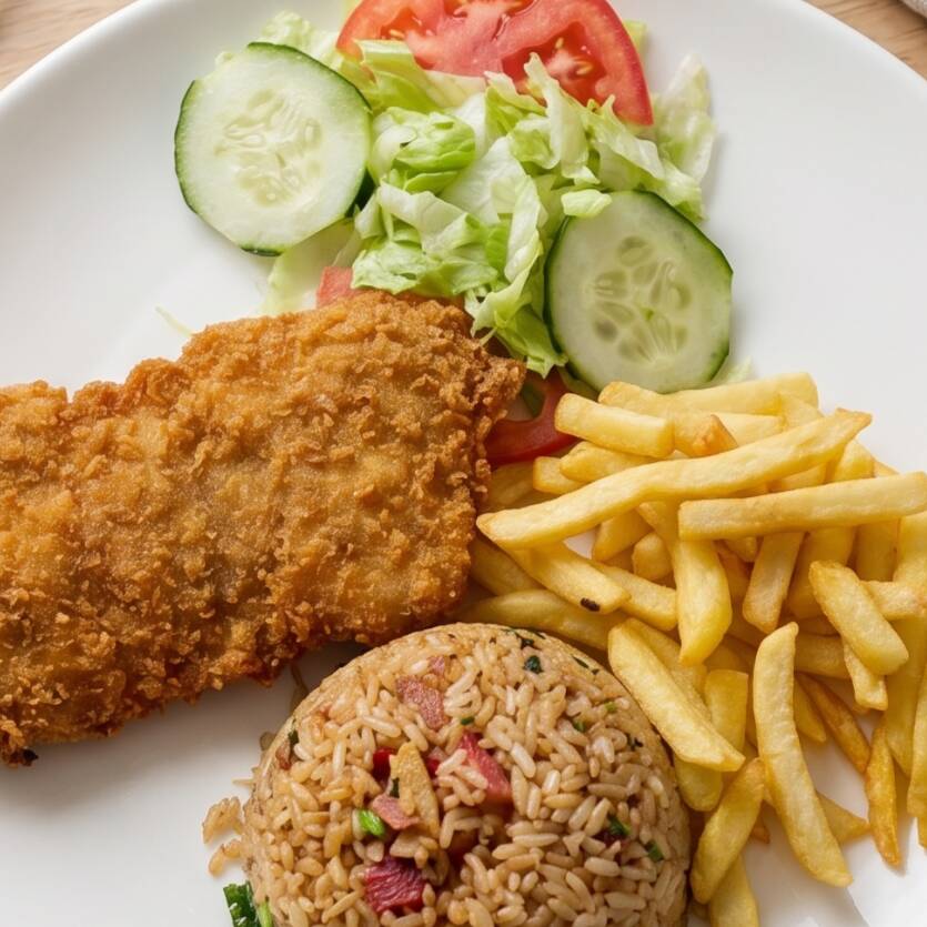A3. Arroz Cantones, Filete de Pescado Empanizado
