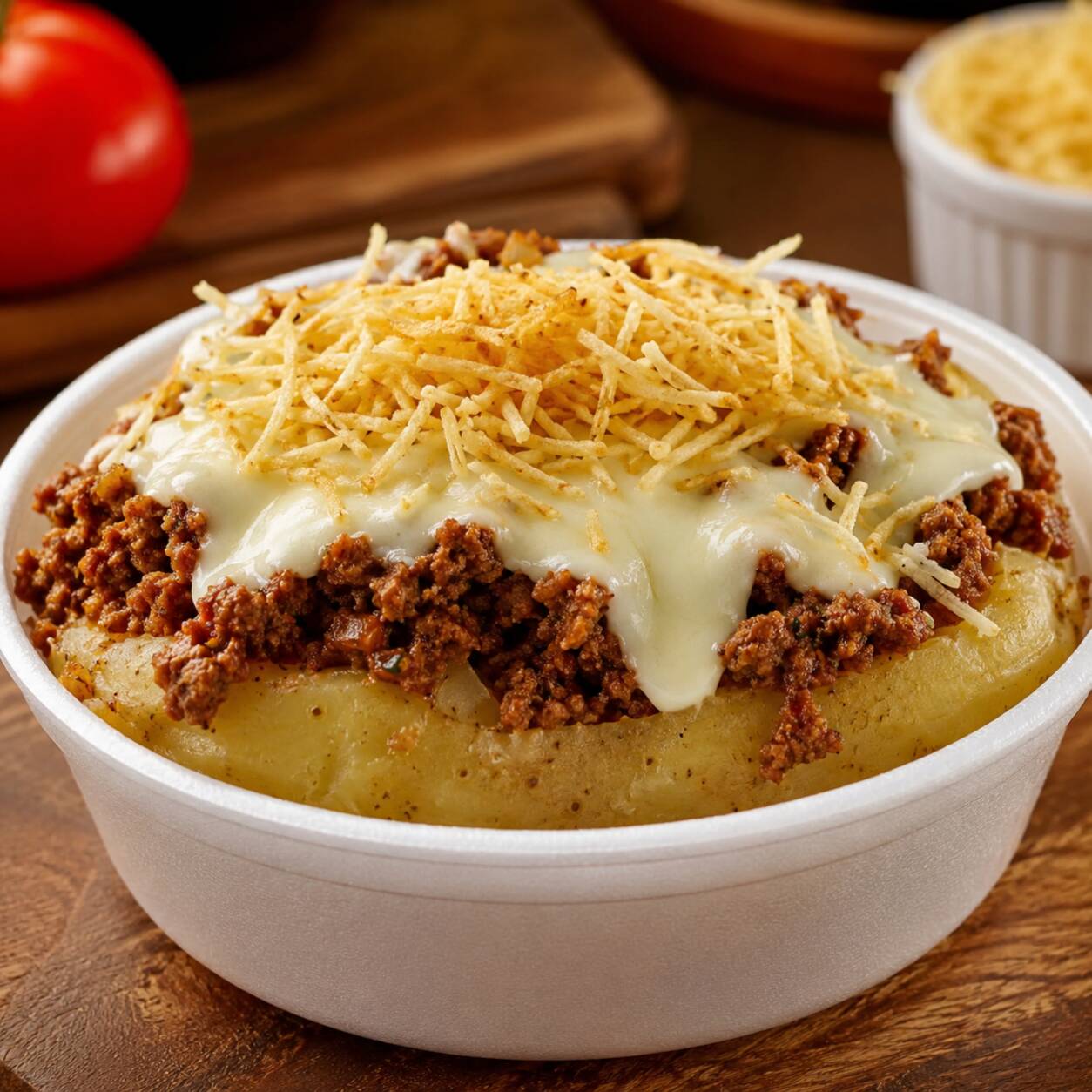 Uma deliciosa batata amassada, macia e bem recheada com carne moída temperada e suculenta, coberta com creme de queijo derretido e finalizada com batata palha crocante. Uma combinação irresistível de sabor e cremosidade, preparada com muito carinho para deixar sua refeição ainda mais especial! 😋❤️ 360g
