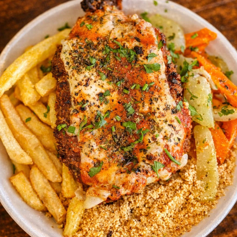 Arroz, feijão, Fritas, farofa e salada