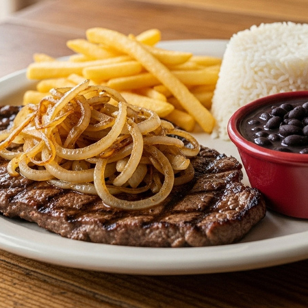 Saboroso bife de alcatra grelhado e coberto com cebola na chapa, servido com batatas fritas crocantes, arroz branco soltinho e nosso feijão com tempero de casa.