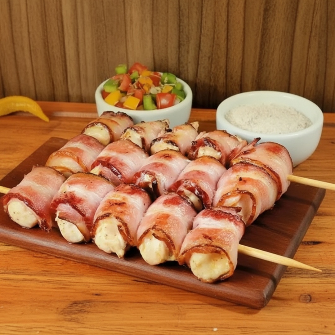 Medalhão de frango envolto em bacon, uma explosão de sabores.