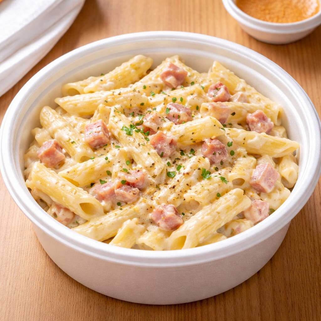 Marmita de penne ao molho à bolonhesa e ao molho branco