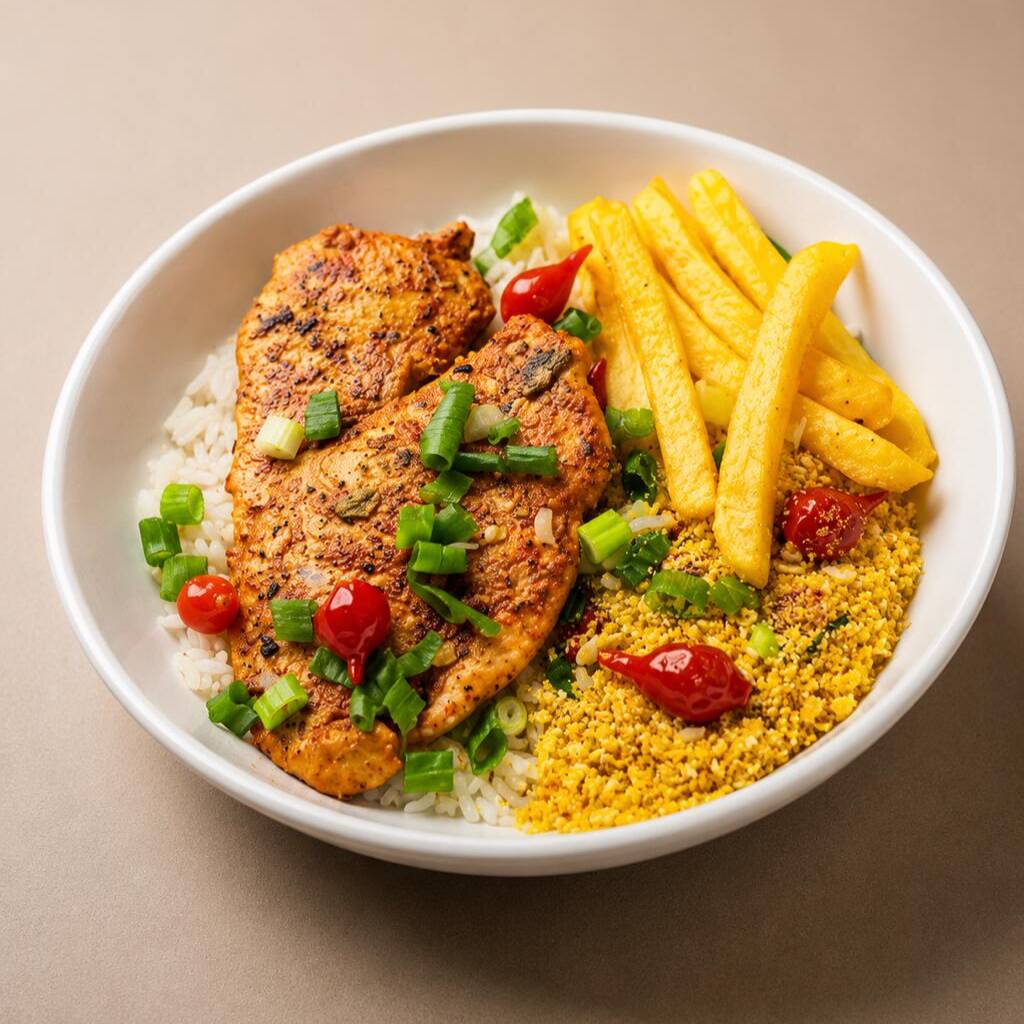 Suculento filé de frango acompanhado de arroz, feijão e farofa. Escolha entre batata frita ou macarrão alho e óleo para completar esta deliciosa refeição. Porção individual.