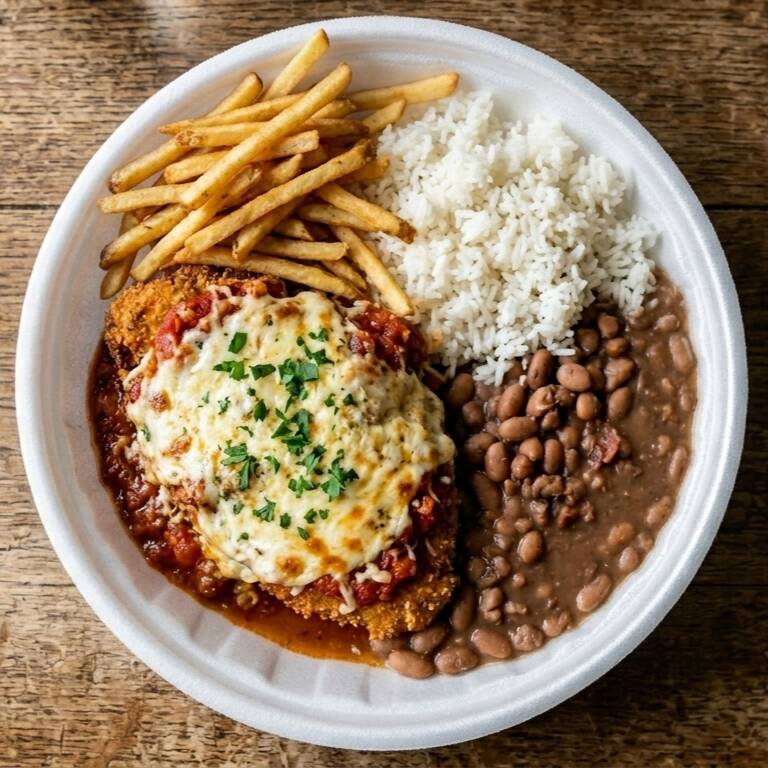 ARROZ, Batata Frita e FRANGO A PARMEGIANA.