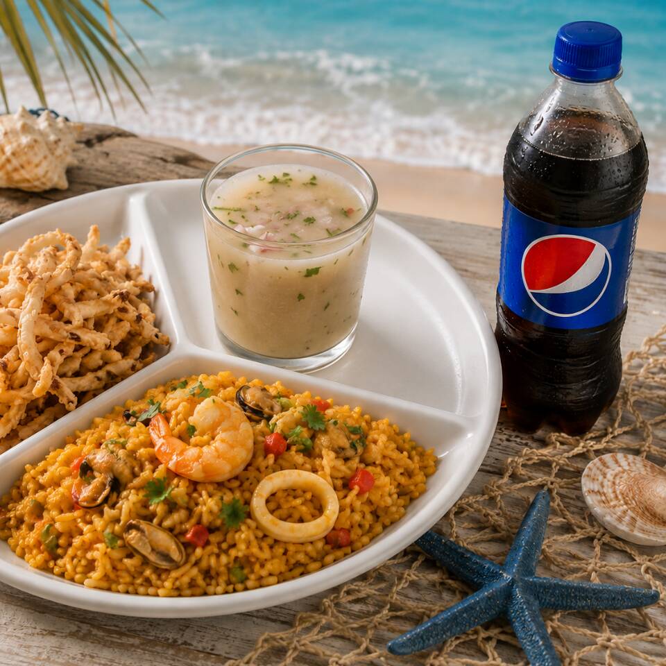 Chicharrón MIxto+ceviche+Arroz CMarisco+Gaseosa