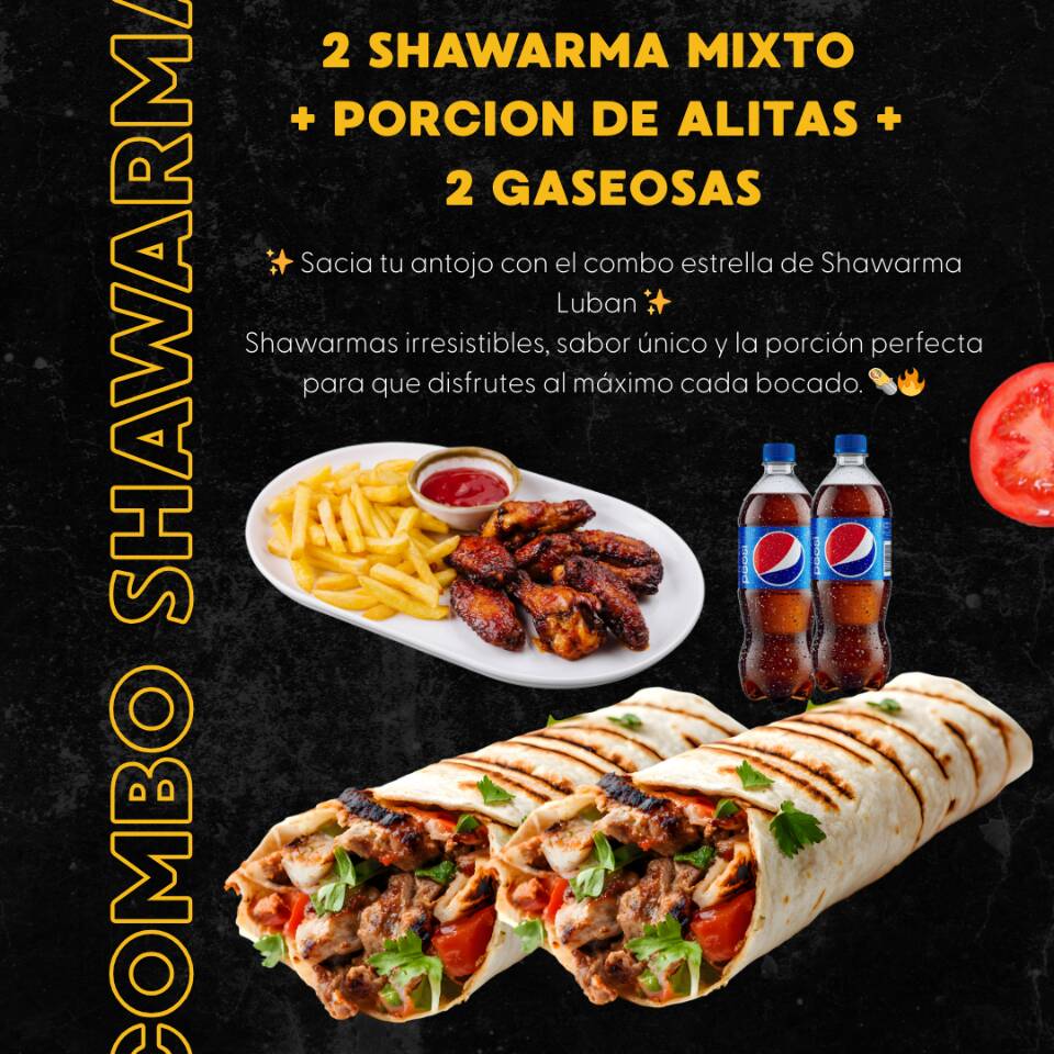 2 Shawarma Mixto + 1 Porcion D Alitas + 2 PEPSI