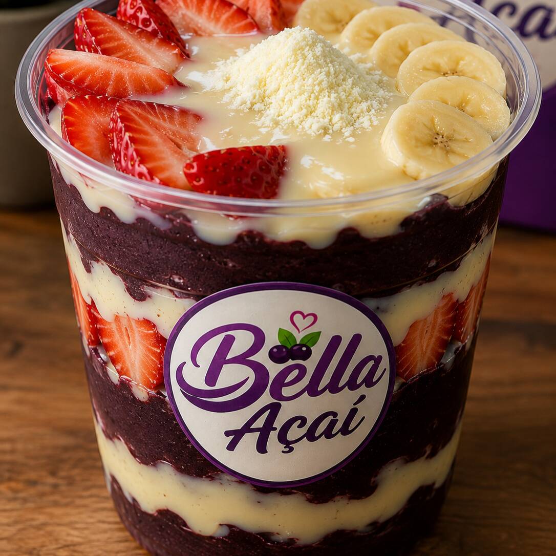 Açaí, morango, banana, leite em pó e leite condensado. Um clássico que não tem erro!