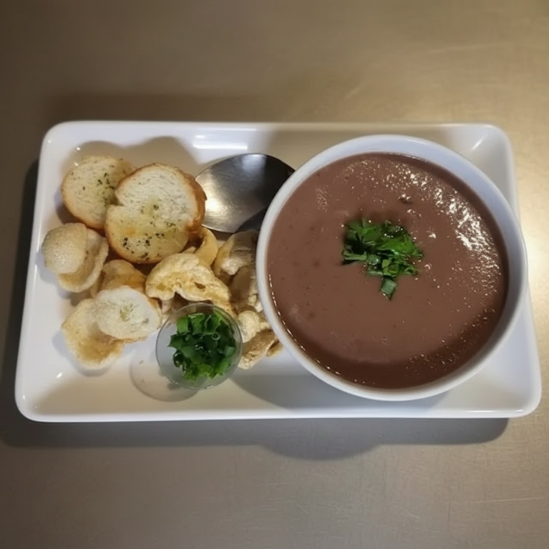 Delicioso caldo de feijão, bacon, calabresa. Torresmo, torrada e cebolinha à parte.
