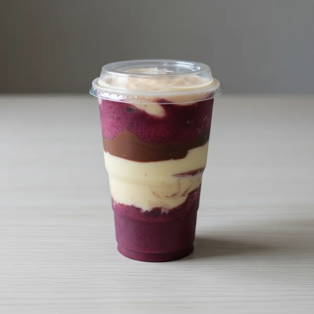 Açaí batido com morango, completado com delicioso creme de ninho com Nutella Original. Copo de 300ml.
