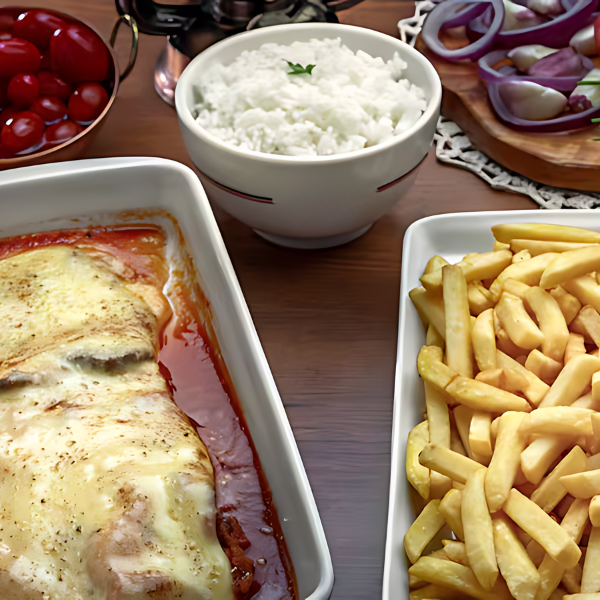 Filé de frango empanado crocante e suculento, coberto com molho de tomate caseiro e muçarela gratinada. Acompanha arroz branco soltinho e batata frita crocante.