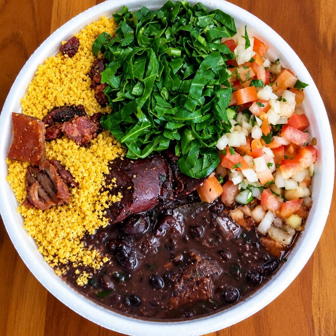 Feijão preto, arroz, farofa, vinagrete, couve