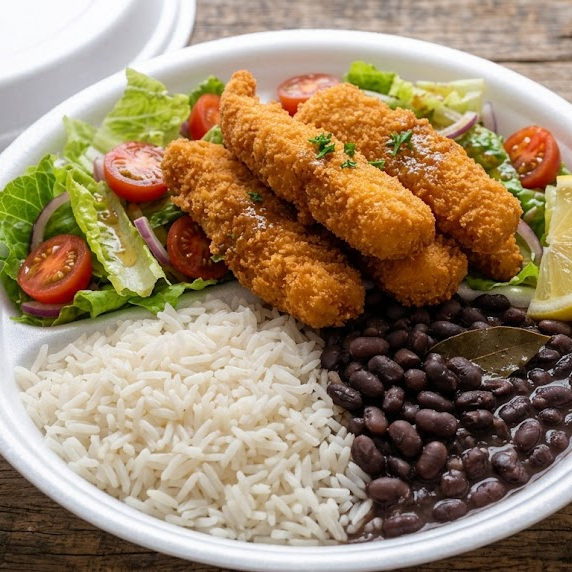 Gurjão de peixe frita com salada verde , arroz e feijão