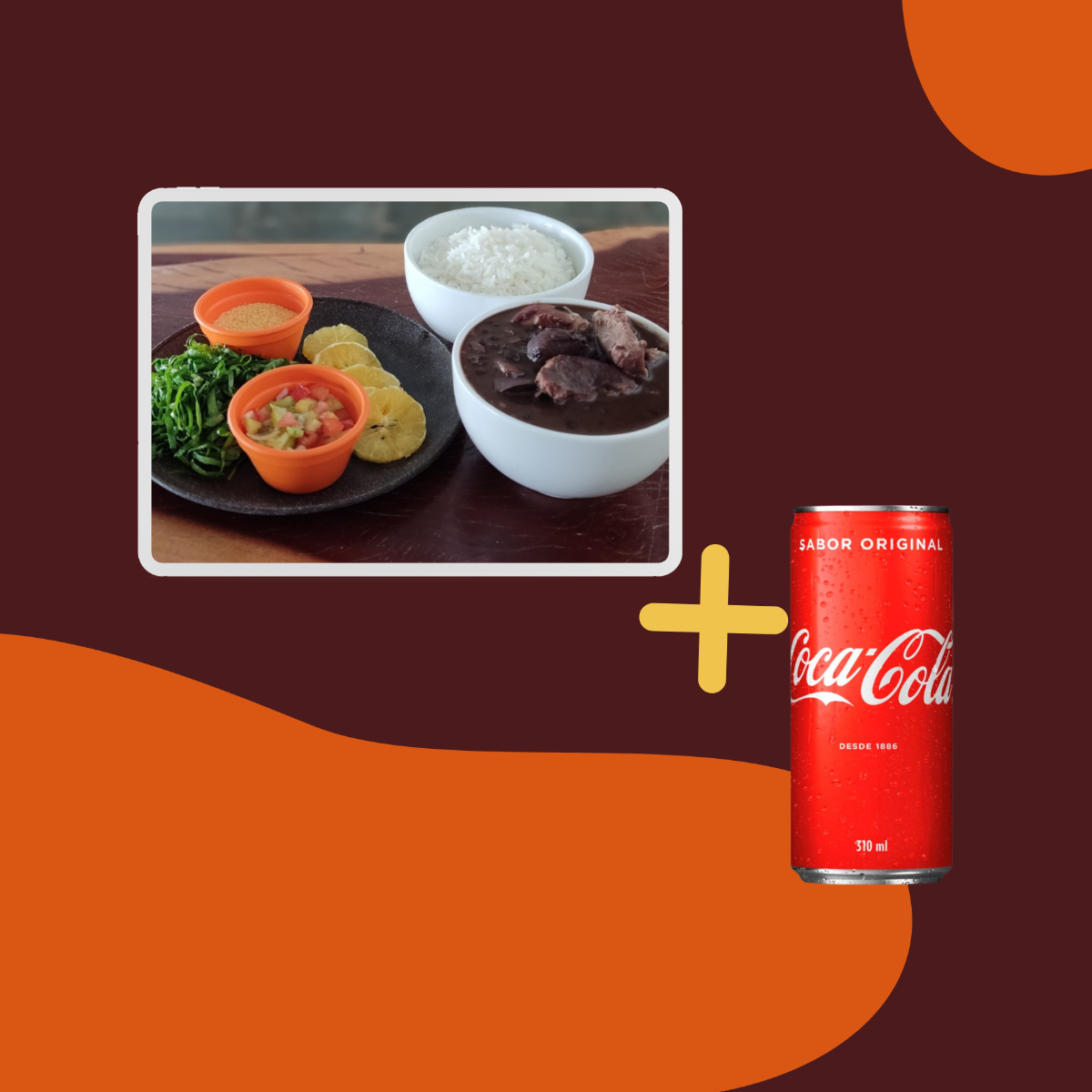 Nossa receita é coisa fina! A gente pega o feijão preto e deixa ele cozinhar devagarinho, até ficar naquela cremosidade de dar água na boca. Aí, vem a estrela do trem: carne de porco, linguiça defumada e carne desfiada, tudo temperadim com um punhado de especiaria que traz o autêntico sabor mineiro. E num é só isso, cê ainda ganha um prato de arroz branquinho e soltinho, couve refogada, vinagrete, umas laranjas cortadinhas e uma farofa que só vendo, que dá uma textura danada de boa. Não perde essa chance, sô! Pede a nossa feijoada agora e deixa o coração se aquecer com essa viagem de sabores. A gente leva a tradição e o sabor direto pra sua porta, pode acreditar! Embalagem 1 Litro Coca-Cola 310ml