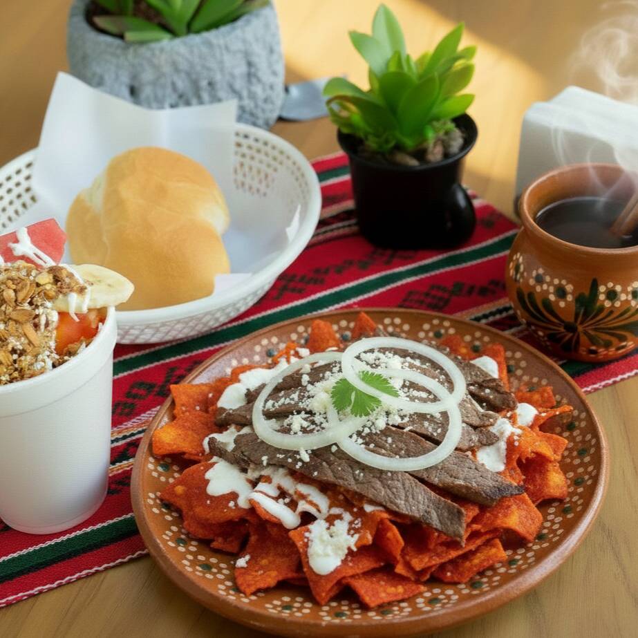 Chilaquiles con Arrachera + Fruta + Café