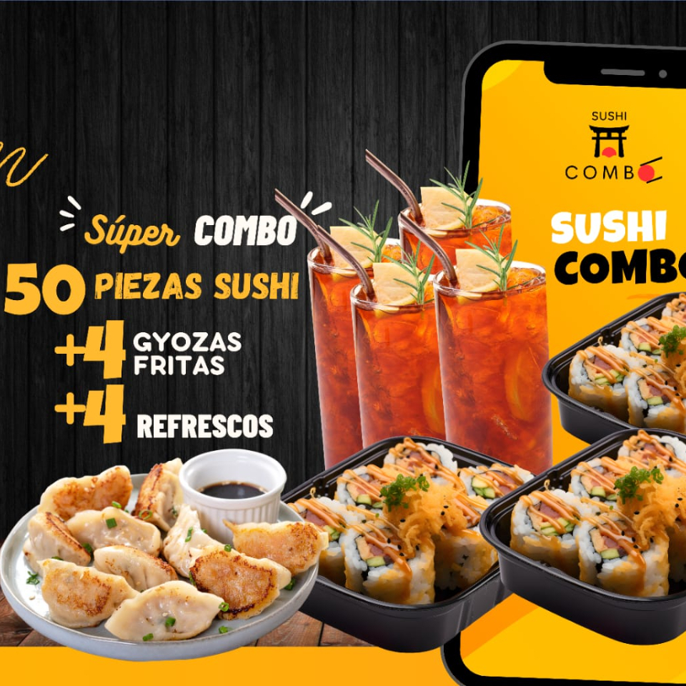50 Piezas Sushi + 4 Té Fríos + 4 Gyozas.